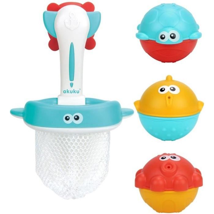 KALI Jeu de bain bébé panier ou filet pêche + 3 balles animaux