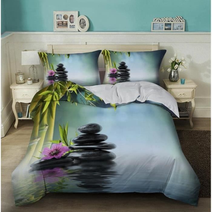 3D Housse De Couette Zen Microfibre Ensemble De Literie Housse De Couette et 2 Taie d'oreiller 200x200cm A1367