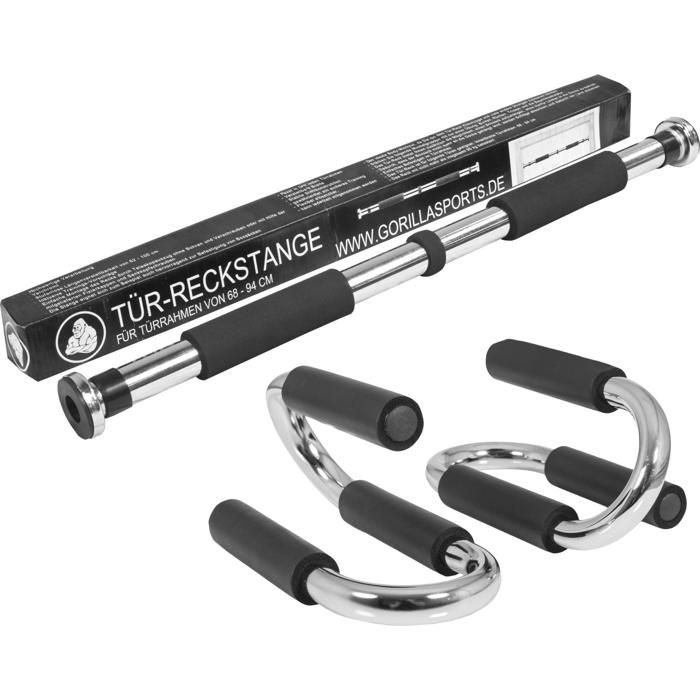 Gorilla Sports - Barre de traction fixe de porte + push up stand bar - poignées d'appui pour les pompes Gris