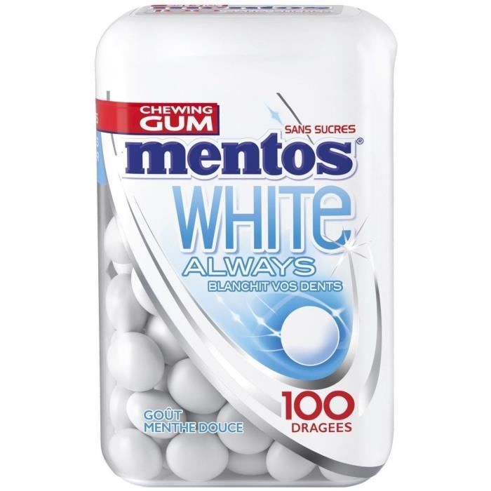 MENTOS GUM WHITE ALWAYS Bottle de 100 dragées sans sucres - Menthe douce