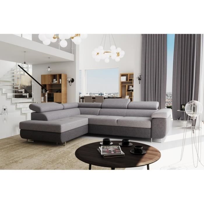 UTON - Canapé d'angle droit convertible et avec coffre de rangement tout tissu gris clair/gris foncé