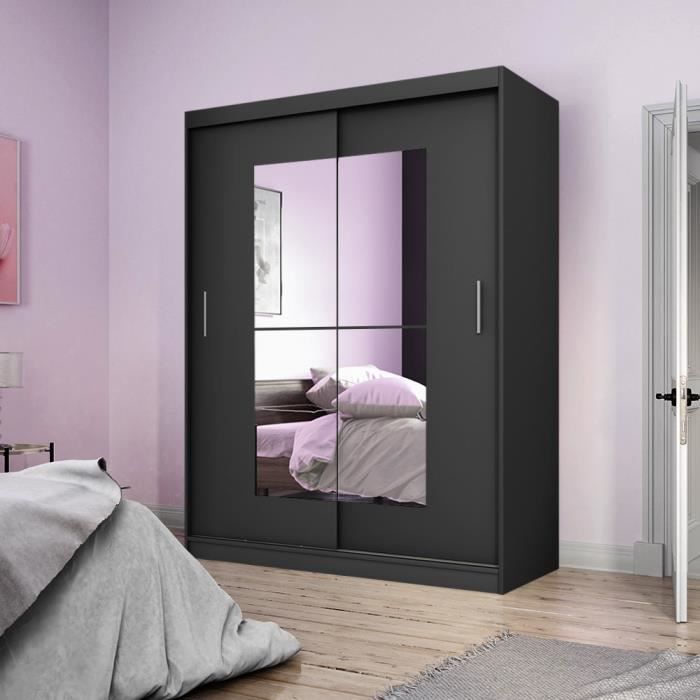 Armoire avec miroir - VANIVA - 150 cm - noir - portes coulissantes