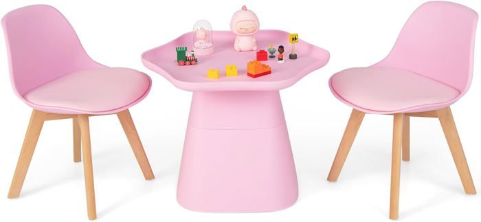 goplus table enfant 3-8 ans avec 2 chaises-plateau concave-siège rembourré-pieds en bois massif charge 50+50kg rose