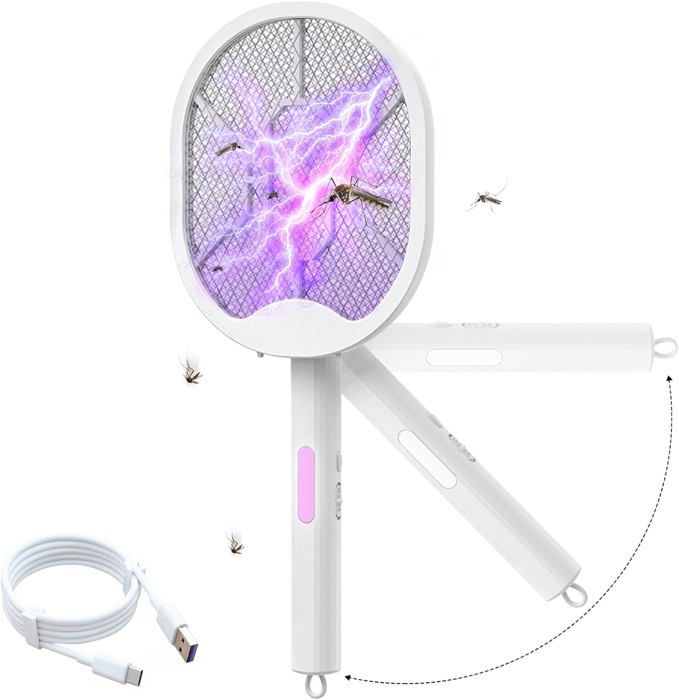 Raquette Electrique Insectes: 4800V Tapette à Raquette Moustique Electrique Avec Piège à UV,2 En 1 USB Avec Batterie Rechargeable - Au Quotidien