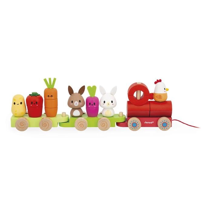 Train à tirer - Janod - JURATOYS - 3 wagons - 16 pièces - Jouet en bois