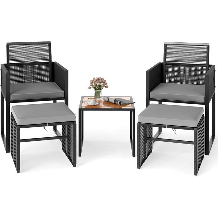 COSTWAY Ensemble de Meubles de Terrasse en Osier PE 5 PCS Table Basse en Bois dAcacia 2 Chaises de Jardin et 2 Poufs Coussins