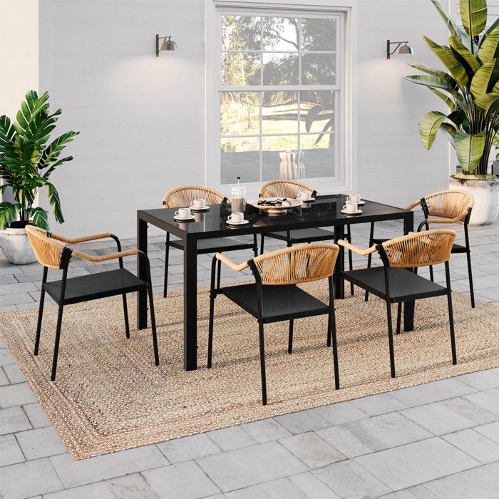 IDMARKET Salon de jardin MADEIRA table 150 cm et 6 chaises cordage et textilène noir et rotin clair IDMARKET Salon de jardin MADEIRA table 150 cm et 6 chaises cordage et textilène noir et rotin clair
