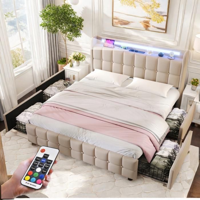Lit double 160x200cm avec 4 tiroirs Structure de lit avec avec Ports USB et éclairage LED Sommier à lattes Lin Beige