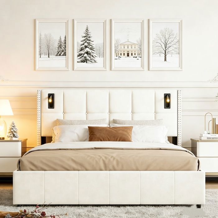 Lit coffre 140x200cm avec tête de lit rembourré et port USB/Type-C Lit double avec liseuse et sommier à lattes Flanelle Beige