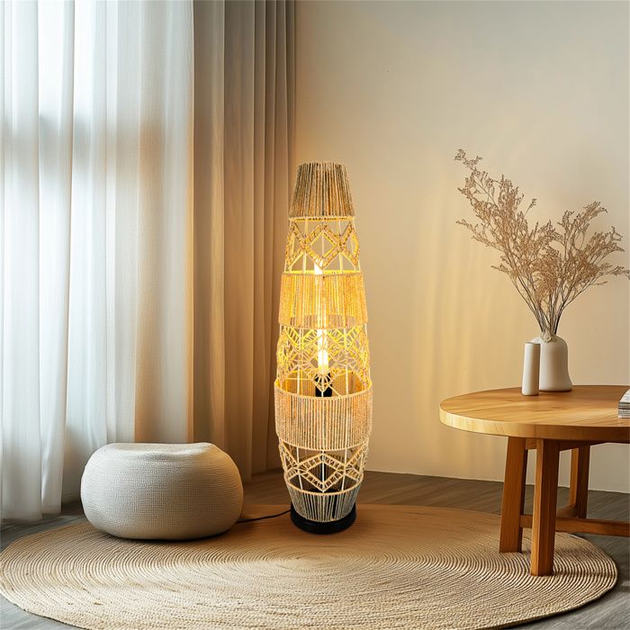 Lampadaire - Fer et Rotin - Style bohème élégant - pour chambre salon 18 x 93.5cm