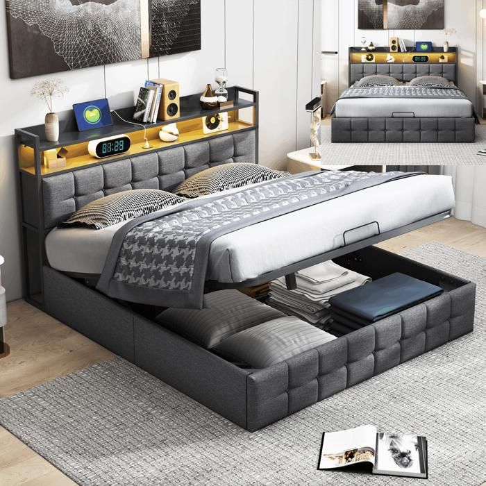 Lit coffre - SUNFECILI - 140x190 cm - avec sommier - LED - gris
