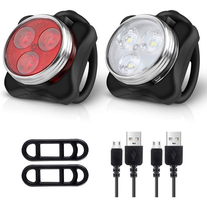 Phare avant ultra-lumineux et éclairage arrière à LED pour vélo (2 câbles USB et 4 sangles inclus)
