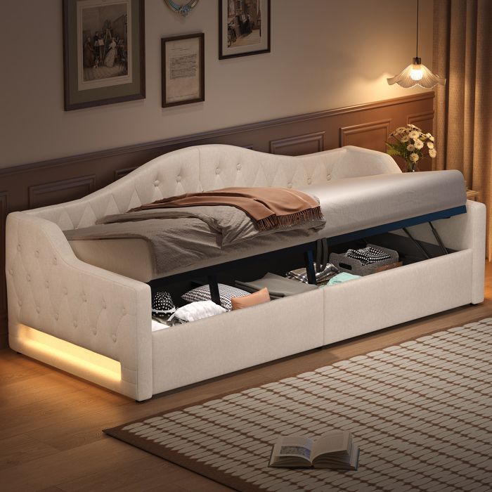 Canapé-lit capitonné 90 x 200 cm lit simple avec éclairage LED et coffre hydraulique sommier à lattes beige Canapé-lit capitonné 90 x 200 cm lit simple avec éclairage LED et coffre hydraulique sommier à lattes beige