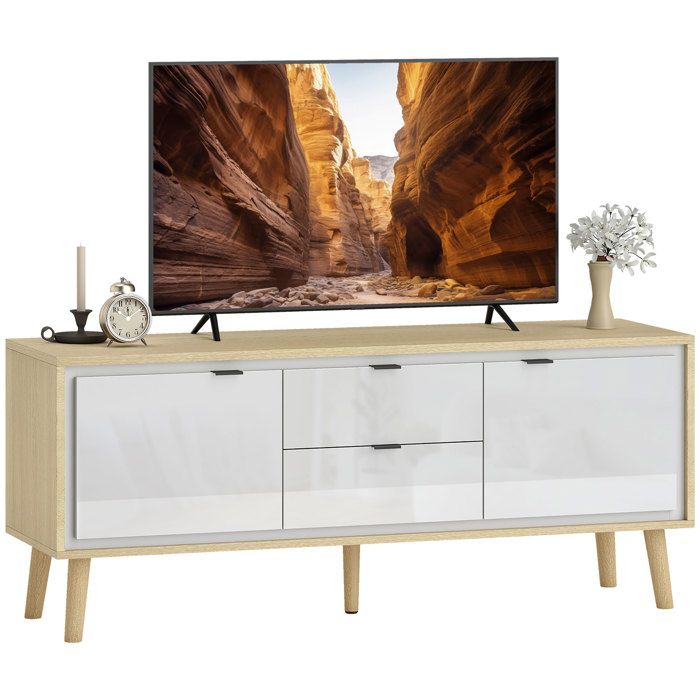 Meuble TV - HOMCOM - pour jusquà 55 pouces - 2 portes à haute brillance - panneau de particules et MDF - 120 x 35 x 50 cm blanc