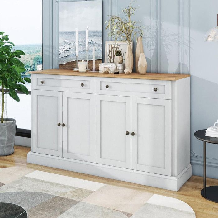 buffet 4 portes et 2 tiroirs meuble buffet moderne pour salle à manger et salon 150 x 86 x 40 cm (blanc antique + bois naturel)