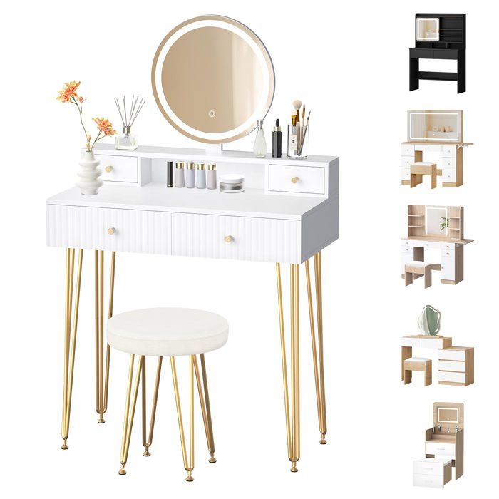 Ensemble De Coiffeuse Moderne Avec Miroir Lumineux Et Tabouret, Table De Maquillage Pour Chambre à Coucher Avec 5 Tiroirs Blanc
