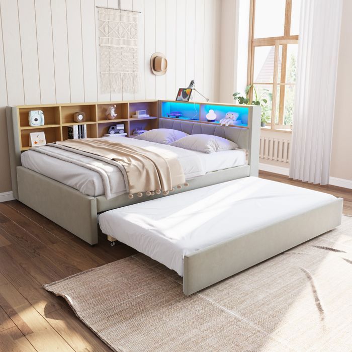 Canapé-lit 140x200 - KILISKY - Lit gigogne avec ports USB et LED - Flanelle - Gris clair - 2 places