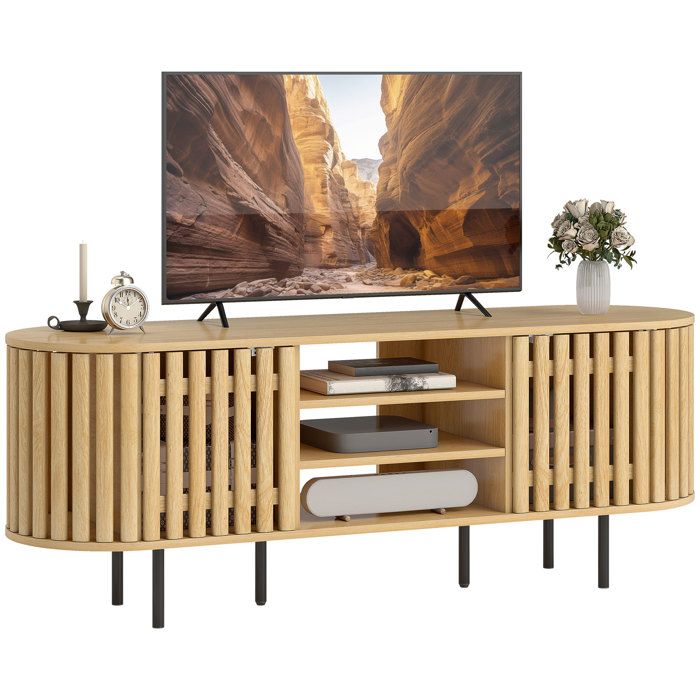 Meuble TV - HOMCOM - pour téléviseur jusquà 60 pouces - 2 portes et 3 niches - panneau de particules - 140x40x52cm - bois naturel Meuble TV - HOMCOM - pour téléviseur jusquà 60 pouces - 2 portes et 3 niches - panneau de particules - 140x40x52cm - bois naturel