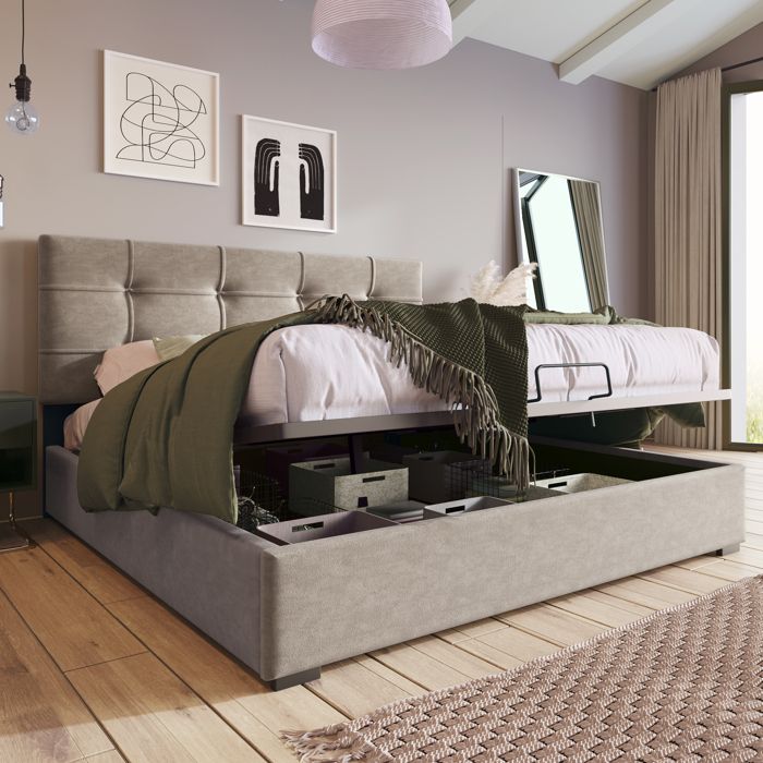 Lit coffre 140x200 cm en velours gris clair tête réglable ±10 cm et coffre hydraulique (avec matelas)