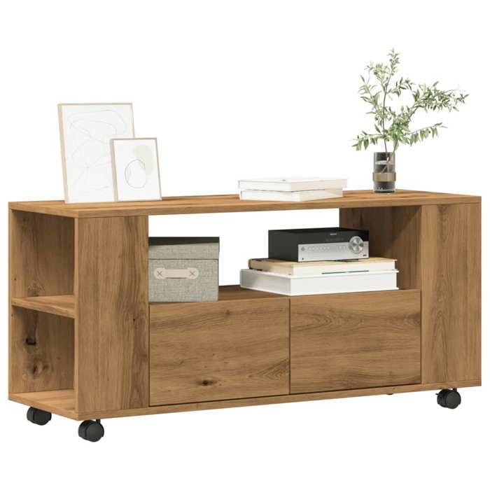 SALE 2026 Armoire TV moderne Brun - Meuble TV avec roulettes chêne artisanal bois dingénierie PRO989669651