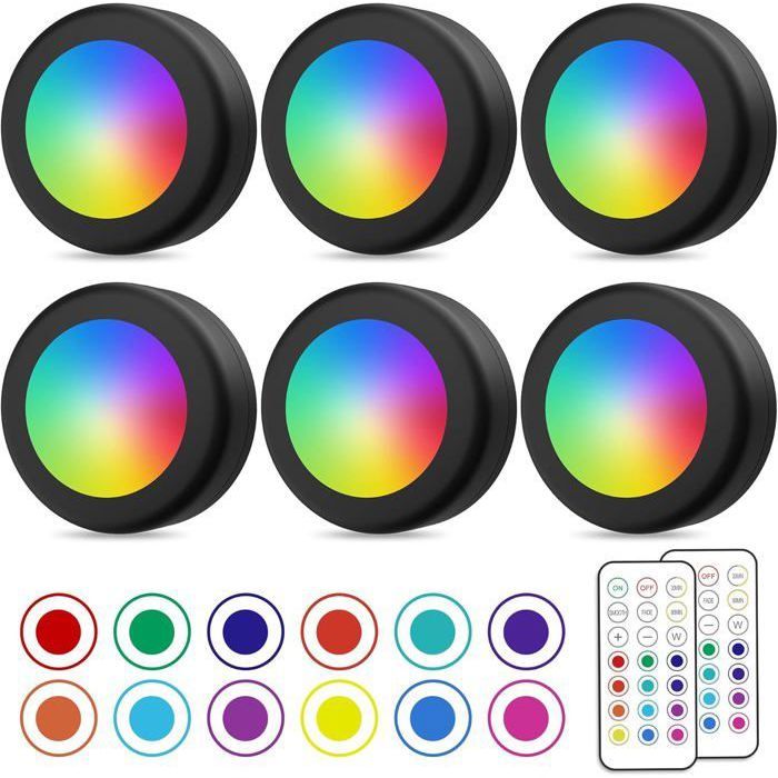 Spot LED Sans Fil Couleurs Lampe Placard avec Telecommande Eclairage Batterie Armoire Lumiere Lot de 6 noir pzcc