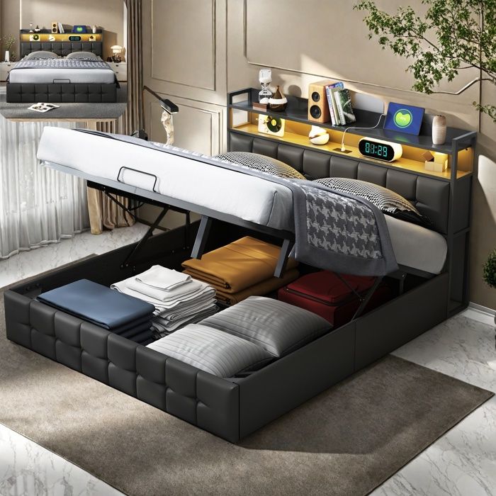 Lit coffre 160x200 cm - RAVAS - Éclairage LED - Tête de lit avec rangement - Noir - PU