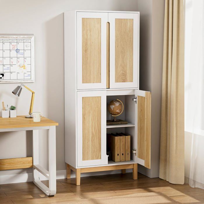 GOOBUY Buffet Cuisine Haute 150 cm Armoire Salle à Manger Vaisselier Haute à 4 Portes 60 x 30 x 150cm Blanc et Naturel