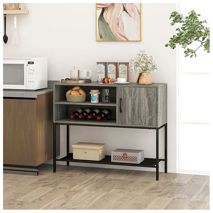 GIANTEX Buffet de Cuisine- Station de Charge- 2 Etagères Ouvertes- Armoire avec Porte- Cadre en Métal- 100x35x83cm- Gris