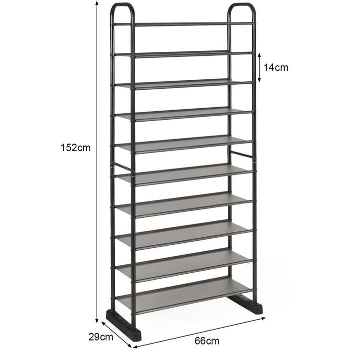 GIANTEX Étagère à Chaussures à 10 Niveaux 66x29x152CM-Meuble à Chaussures 10 Étagères Amovibles pour 50 Paires de Chaussures Noir