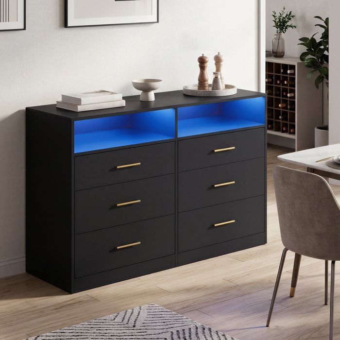 Commode de chambre Moderne avec Station de Charge et Éclairage LED 6 Tiroirs Noir