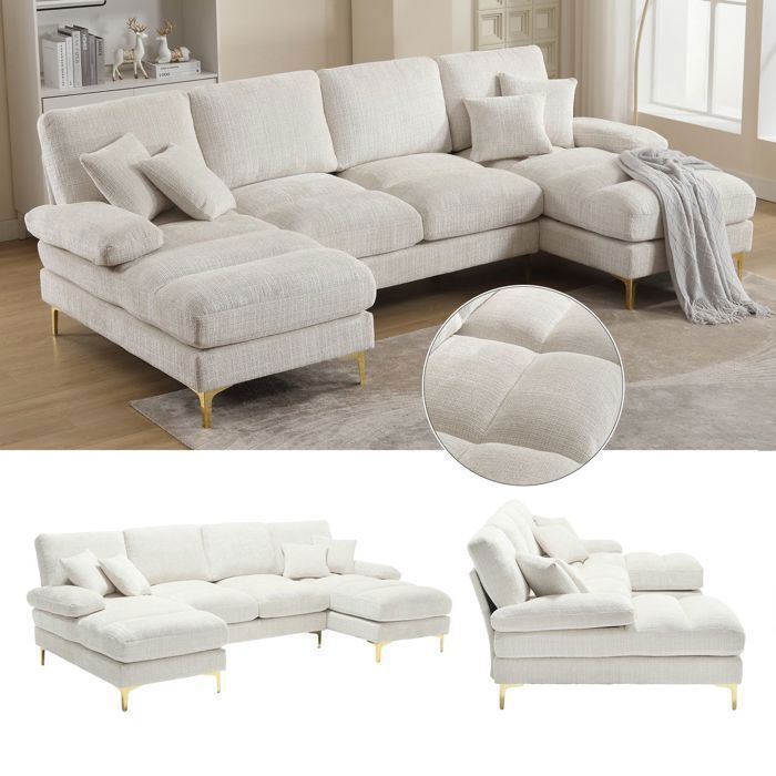 Canapé dangle en U - SOGEU - 272x136x88cm - Chenille beige - Double méridienne - Pieds métal doré