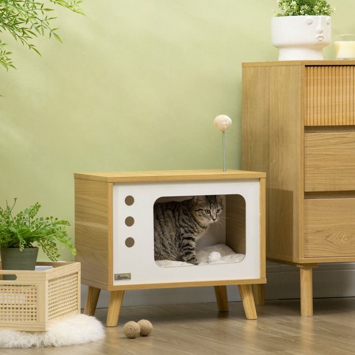 MOTHINESSTO1237-Maison niche pour chat forme de tv avec coussin douillet et balle rebondissante - 50 x 28 x 43 cm