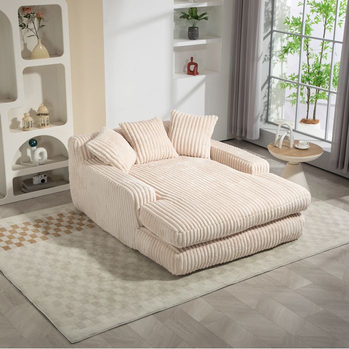 Chaise longue en velours côtelé beige avec 3 coussins sans montage