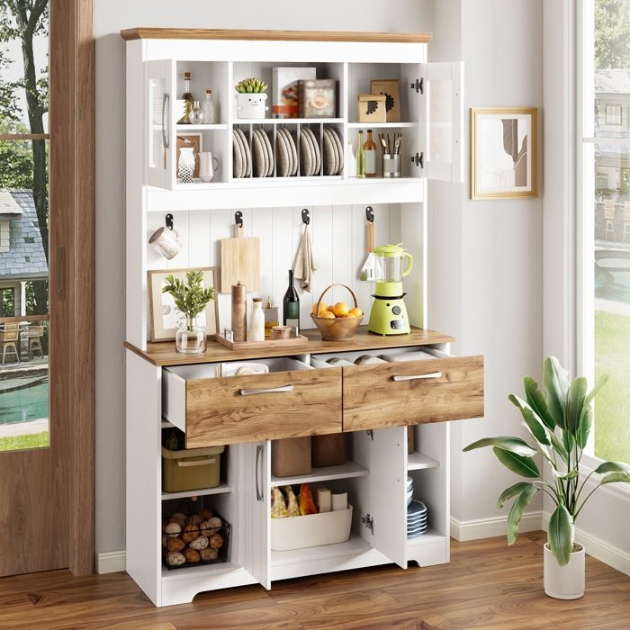 Armoires Cuisine Buffet Meuble Rangement Moderne avec Compartiments de Vitrine 2 Tiroirs Portes et Barre à Crochets 106x39x176.5cm