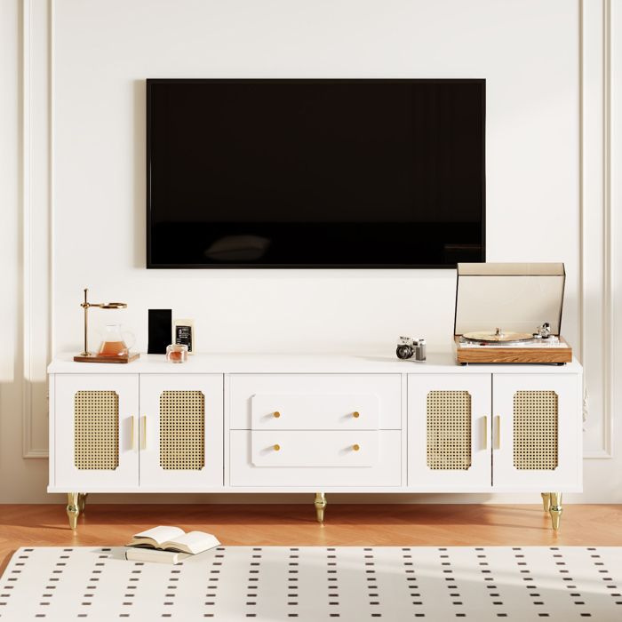 Meuble TV rétro avec poignées dorées meuble TV bas avec portes en osier et pieds métalliques blanc