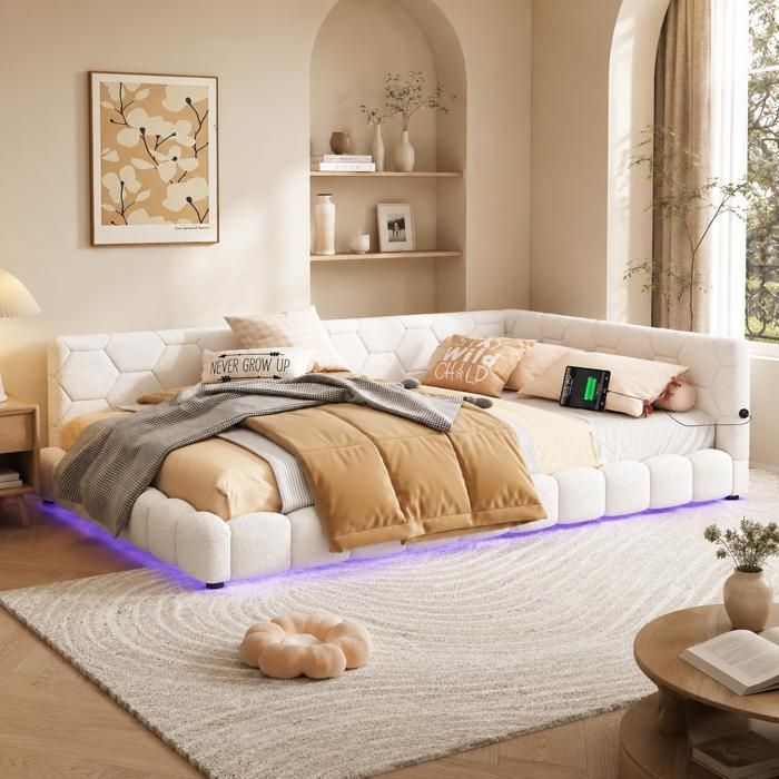 Lit banquette 140x200 cm avec LED 16 couleurs USB Type-C sommier inclus en velours blanc