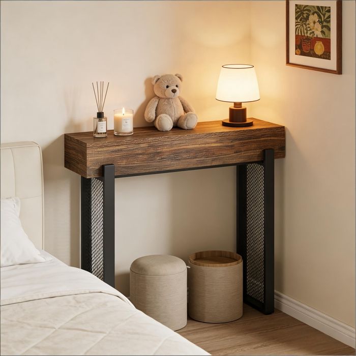 Table console de 105 cm avec espace de rangement - petite table dentrée industrielle avec pieds en métal en maille-foyer-couloir