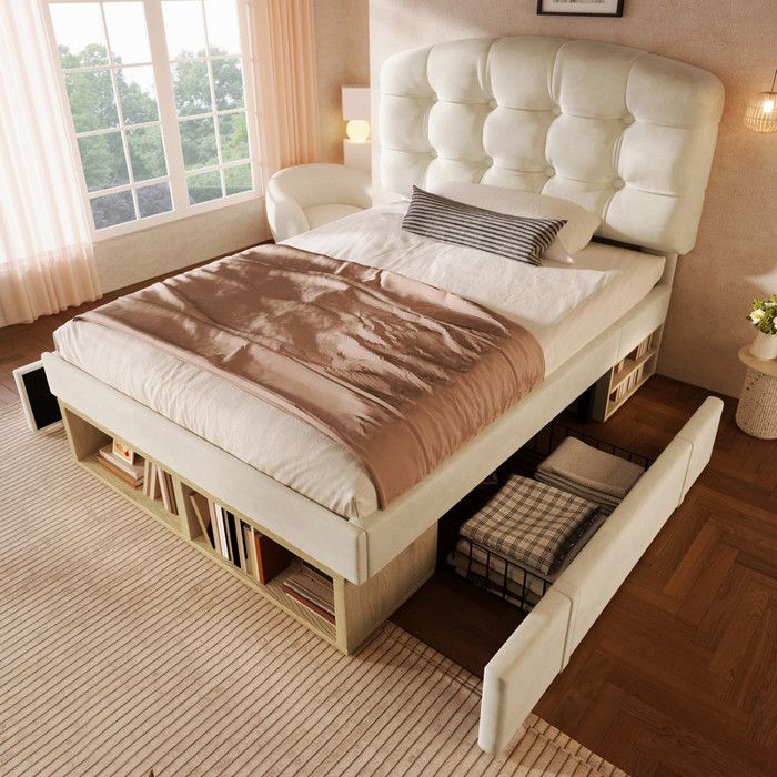 Lit Simple 90x200cm Sommier à Lattes Velours Beige Tête Lit Réglable en 3 Hauteur 2 Tiroirs Étagères Ouvertes