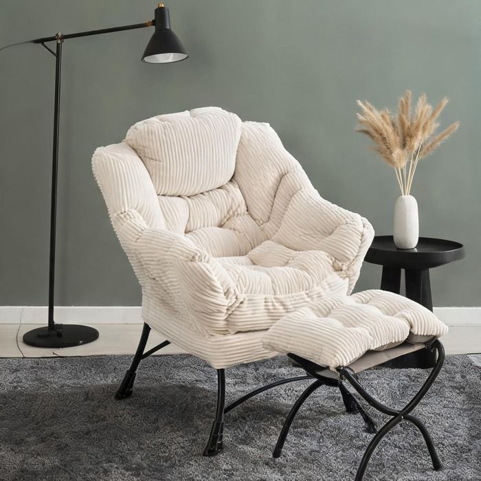 Fauteuil lounge blanc avec ottoman structure acier design contemporain idéal petit espace