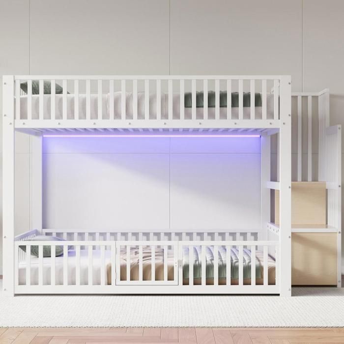 Lit superposé - KOMHTOM - 140x200 cm - Échelle avec rangement - LED intégrée - Capacité 250 kg