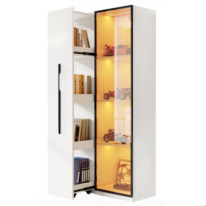 Vitrine multifonction avec bibliothèque latérale – LED – verre trempé – cadre aluminium – blanc