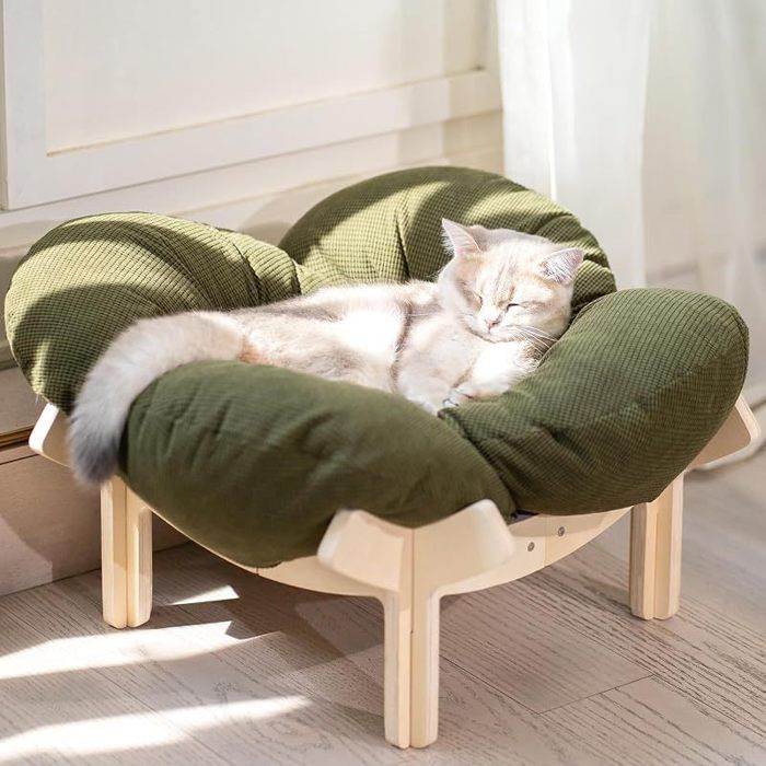 Panier Chat en Forme de Pétale Lit pour Chat Design avec Structure en Bouleau Robuste (26 KG) Coussin 55x55x32 cm-Vert foncé