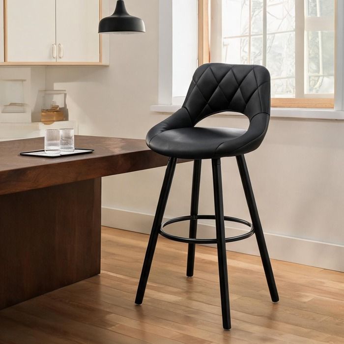 Chaise de bar design assise tissu anthracite et piètement bois massif hauteur 91 cm 43x43 cm