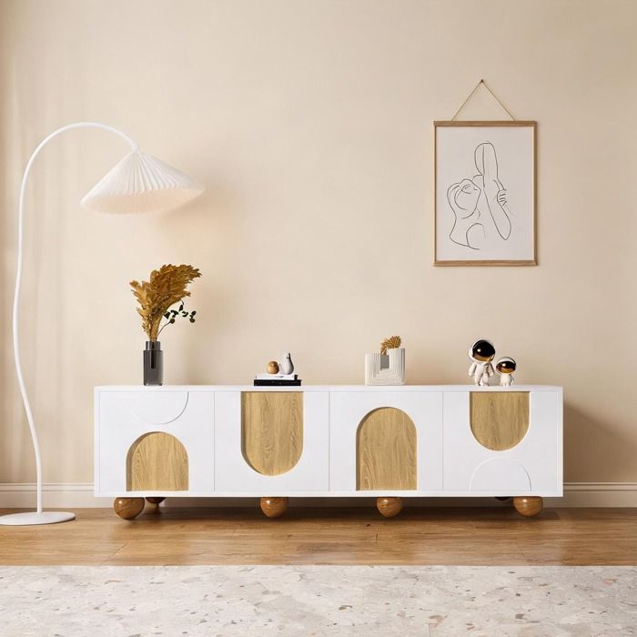 Meuble TV bas 175 cm 4 portes MDF effet bois naturel et blanc - Design scandinave