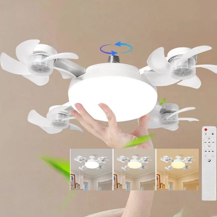 LED Ventilateur Plafond avec Lumiere 40W 4 Fan têtes Lampe Ventilateur Plafonnier et Télécommande 3Vitesses Éclairage Réglable Blanc