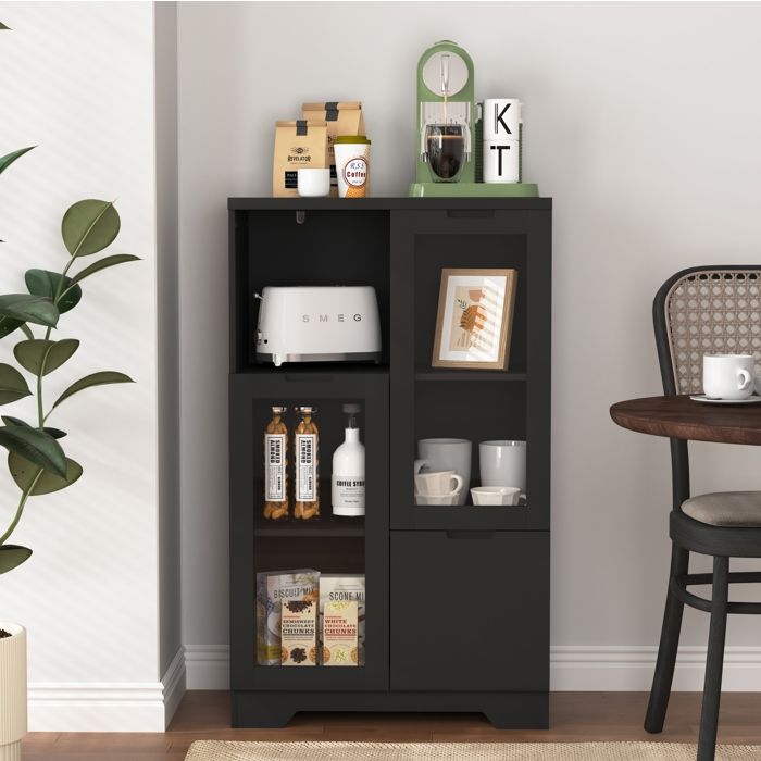 Buffet Haut 2 Portes en Verre 1 Tiroir et 2 Niches Ouvertes - TCQPZ - MDF Laqué Noir pour Salon Entrée 65×30×100 cm