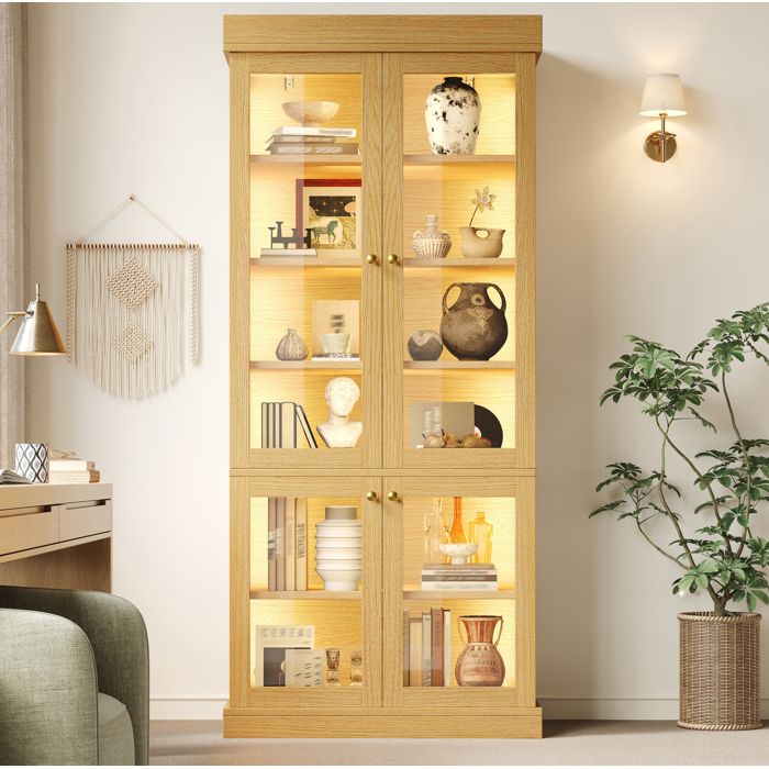 Vitrine 4 Portes Vitrees avec Eclairage LED et Etageres Reglables - MEUNIQ - Bois Naturel pour Salon 80×40×180 cm