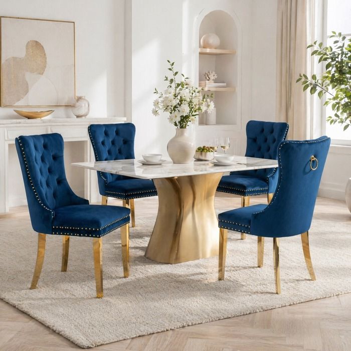 Lot de 2 chaises contemporaines de salle à manger bois massif et velours bleu pieds dorés inox