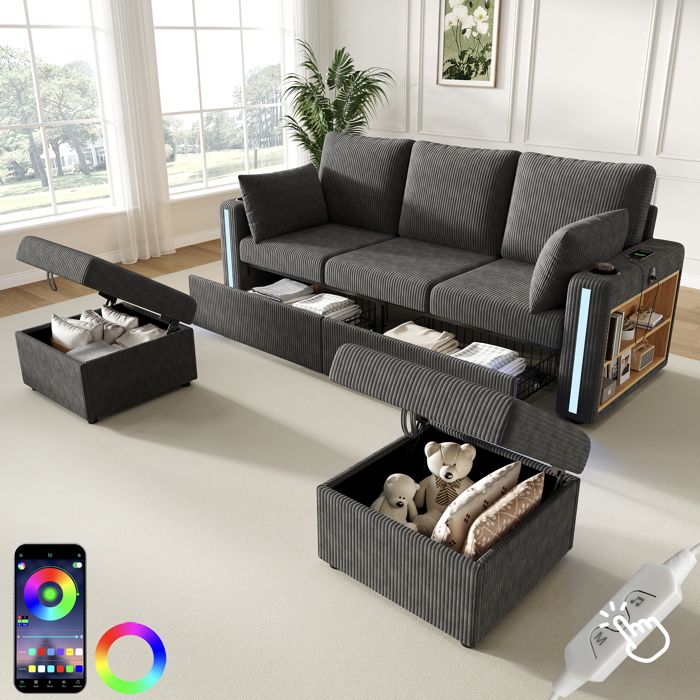 Canapé modulable U/L avec 2 poufs coffre LED contrôlable USB Type-C porte-gobelets rangement gris