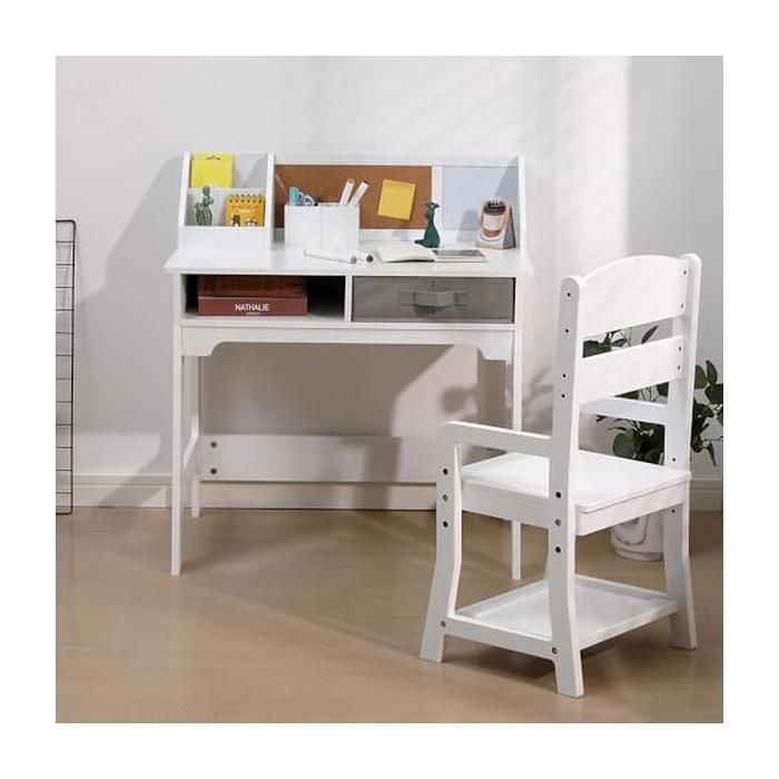 Ensemble bureau chaise enfants table étude bois boîtes rangement étagère tableau affichage porte-stylo blanc